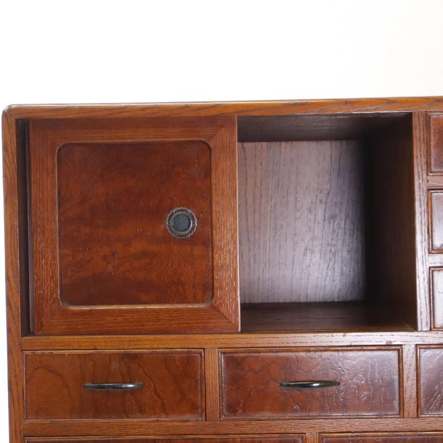 値下逸品 匠シール 欅 縮み杢 内桐 民芸・時代家具調 小抽斗 小箪笥幅61cm