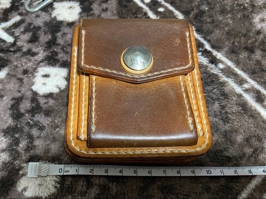 ビーズ屋公ちゃん レザー 二つ折り財布 ブラウン ウォレットロープ付き