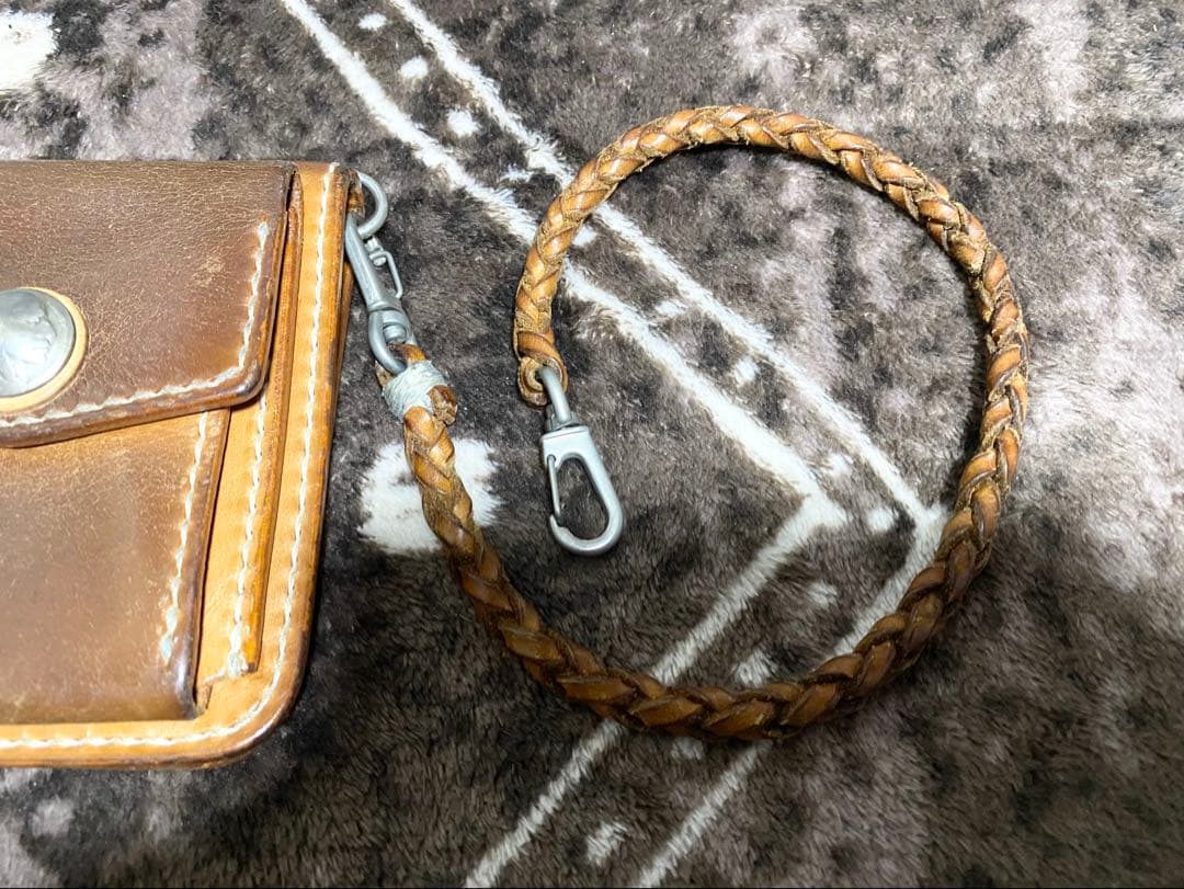 ビーズ屋公ちゃん レザー 二つ折り財布 ブラウン ウォレットロープ付き