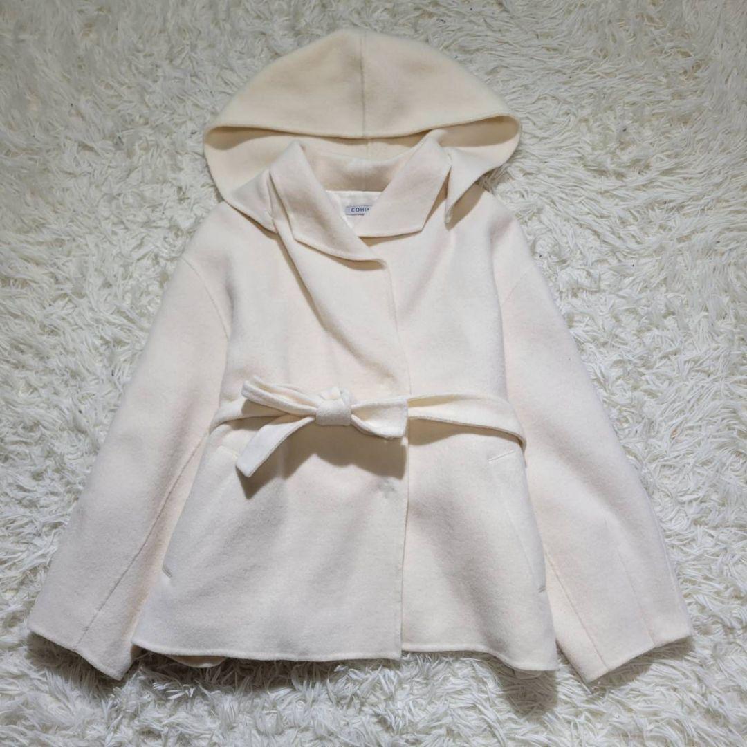 【美品】COHINAコヒナ　リバーコート　ライトウール　ミディ丈　ウエストリボン