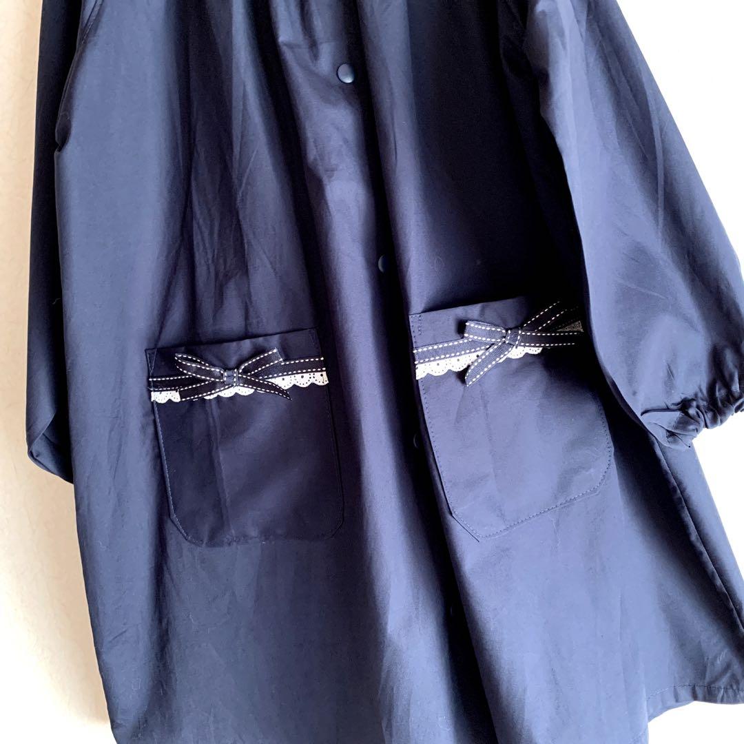 は　前開きスモック　紺×ステッチリボンレース　130〜140