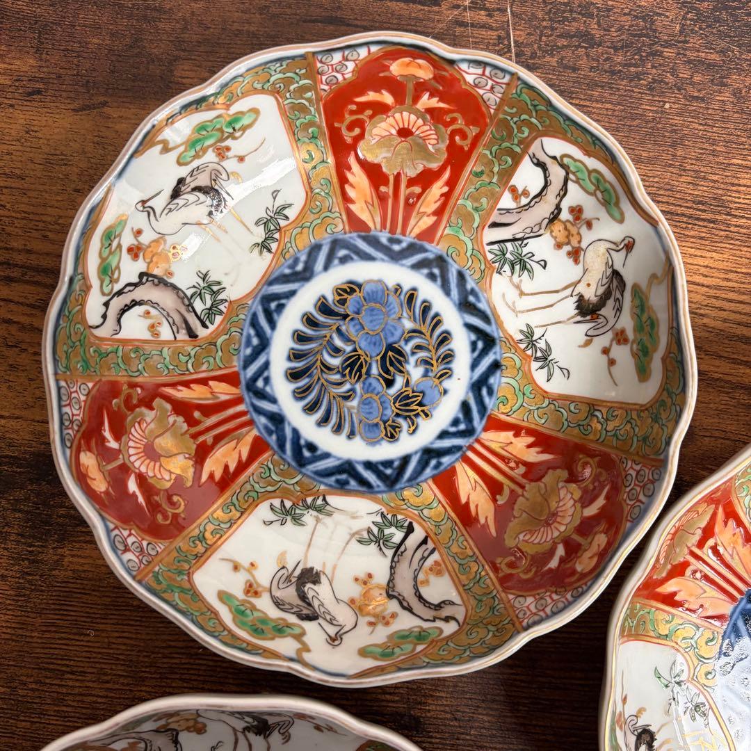 古伊万里　赤絵金彩鶴図なます皿五客　鉢/深鉢/お皿/アンティーク