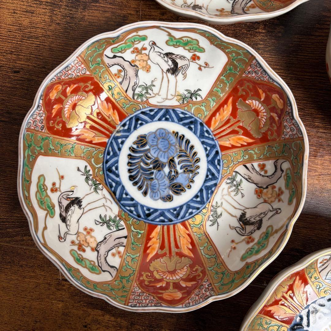 古伊万里　赤絵金彩鶴図なます皿五客　鉢/深鉢/お皿/アンティーク