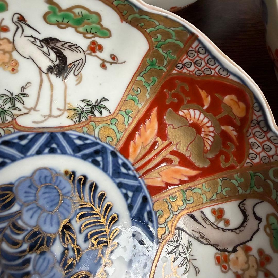 古伊万里　赤絵金彩鶴図なます皿五客　鉢/深鉢/お皿/アンティーク
