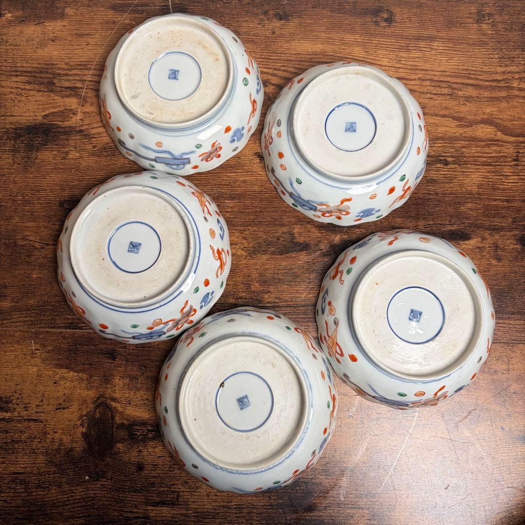 古伊万里　赤絵金彩鶴図なます皿五客　鉢/深鉢/お皿/アンティーク