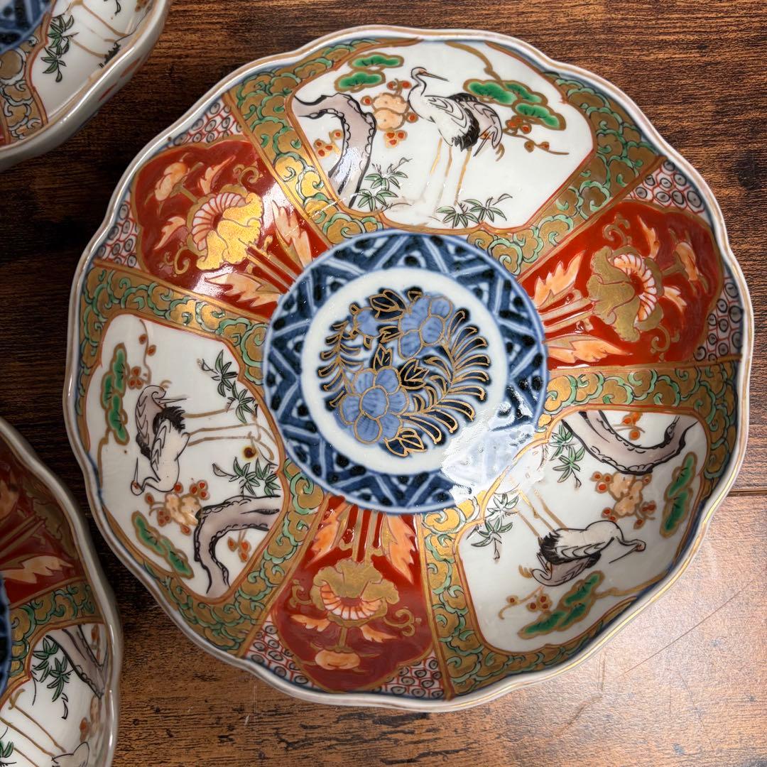 古伊万里　赤絵金彩鶴図なます皿五客　鉢/深鉢/お皿/アンティーク