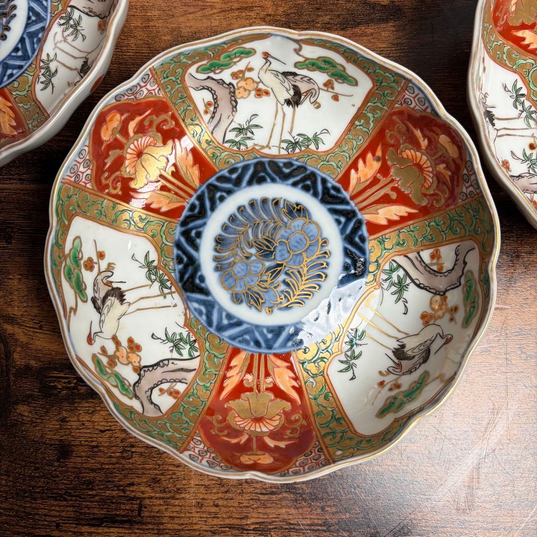 古伊万里　赤絵金彩鶴図なます皿五客　鉢/深鉢/お皿/アンティーク