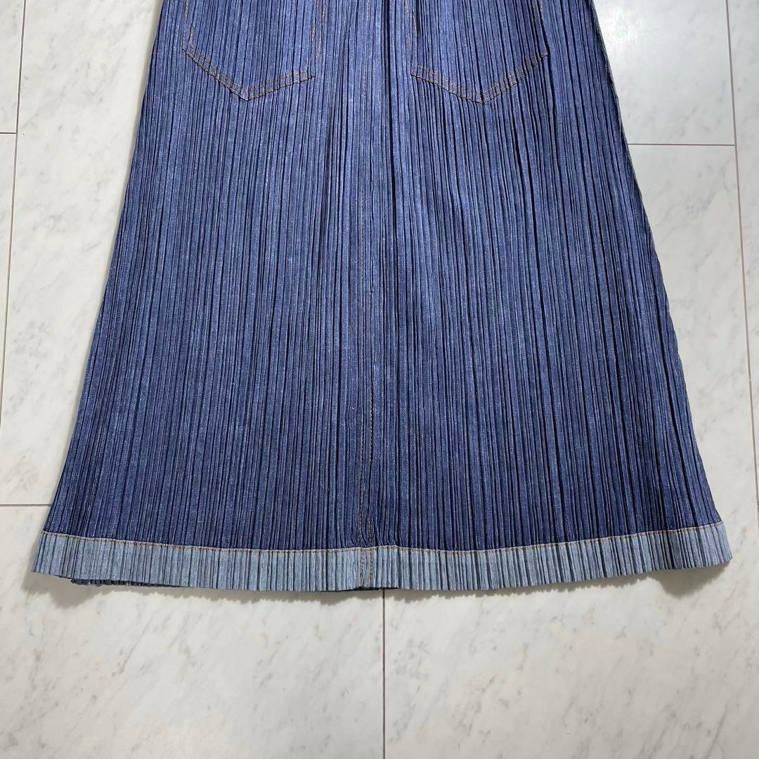プリーツプリーズ イッセイミヤケ デニム調スカート 膝下丈 ポケット ステッチ