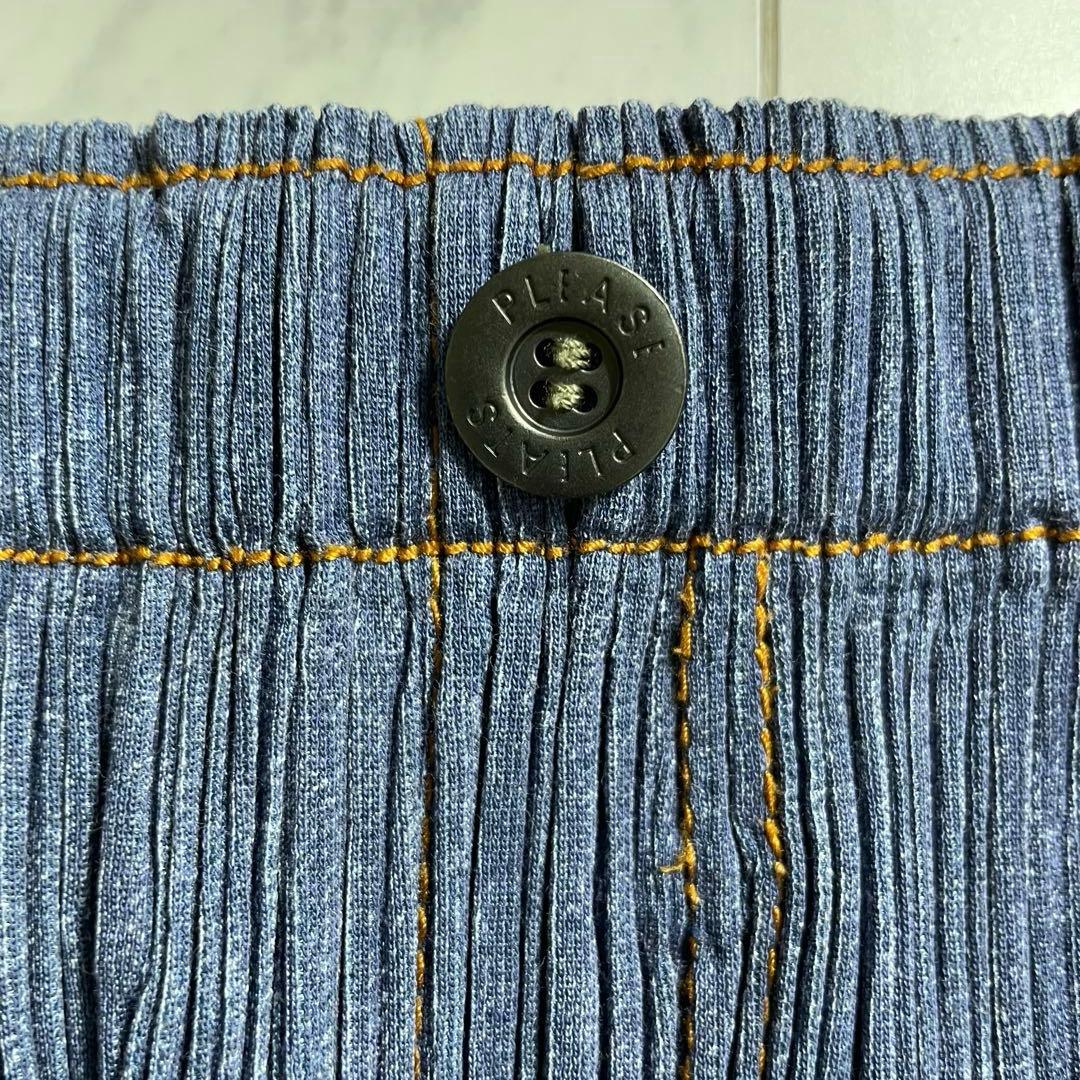 プリーツプリーズ イッセイミヤケ デニム調スカート 膝下丈 ポケット ステッチ