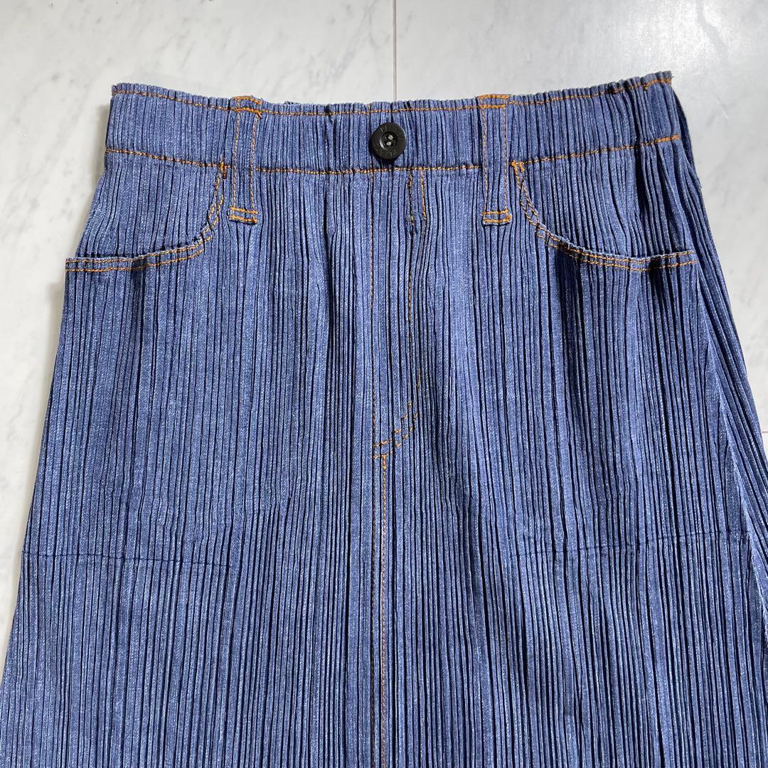 プリーツプリーズ イッセイミヤケ デニム調スカート 膝下丈 ポケット ステッチ