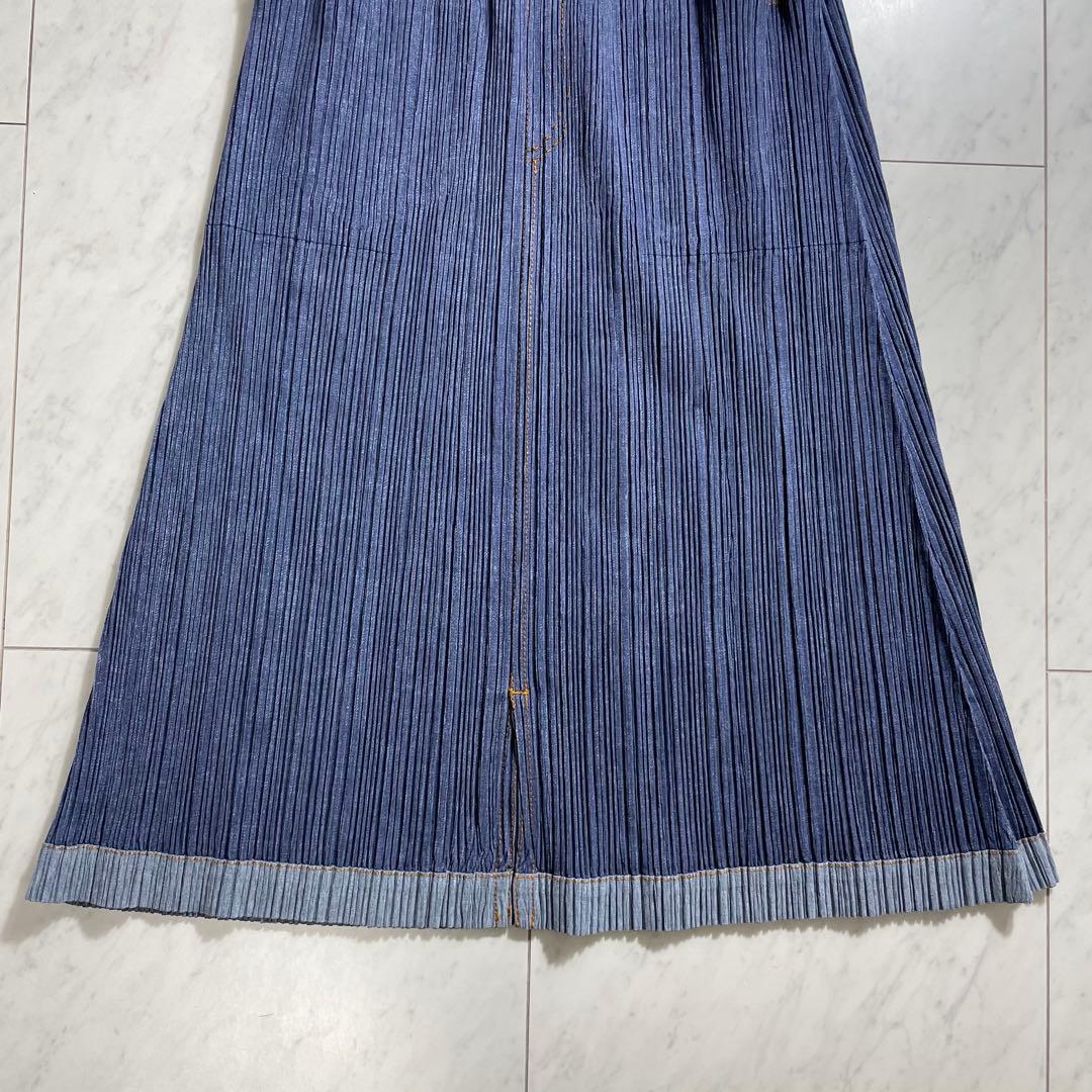 プリーツプリーズ イッセイミヤケ デニム調スカート 膝下丈 ポケット ステッチ