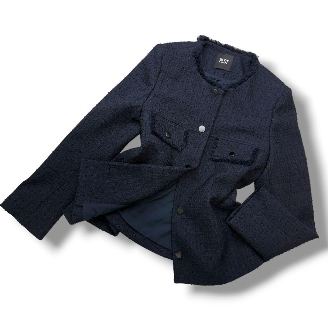 現行 未使用級✨プラステ 1431 ツイード　ノーカラージャケット ネイビー