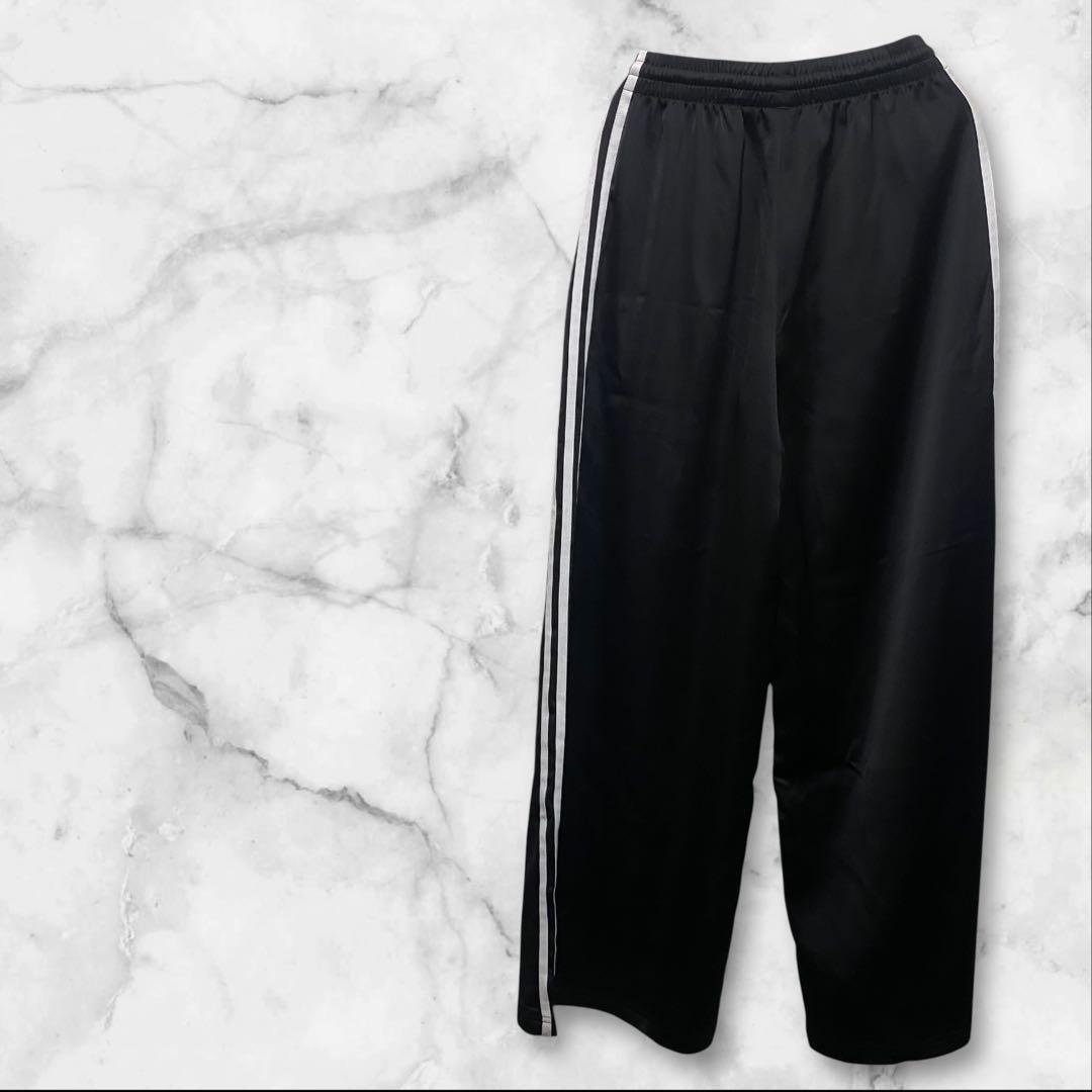adidas アディカラー サテン ワイドレッグ トラックパンツ ブラック S