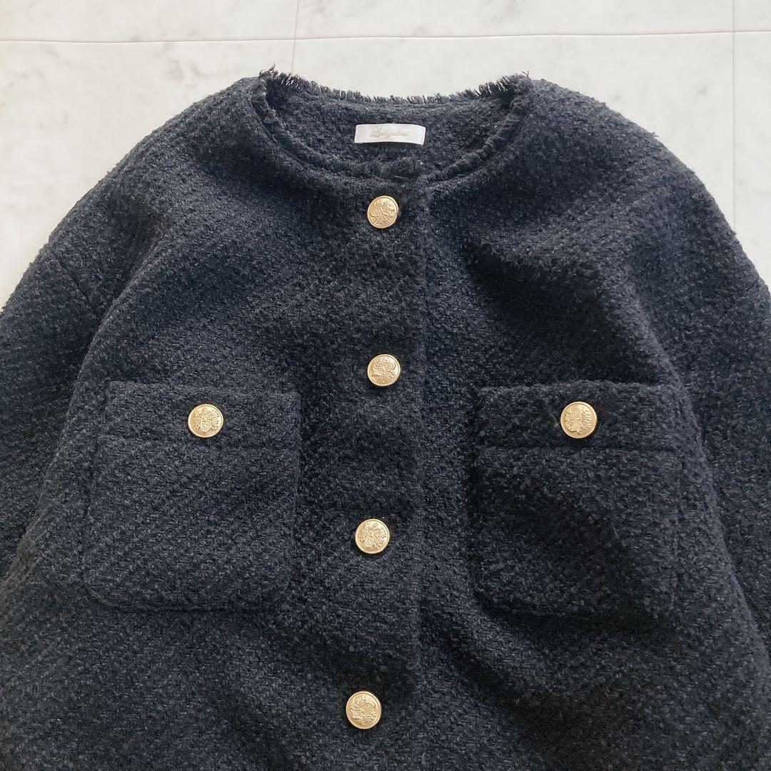 美品　ラウンジドレス　ツイードジャケット　オーバーサイズ　ブラック　ノーカラー