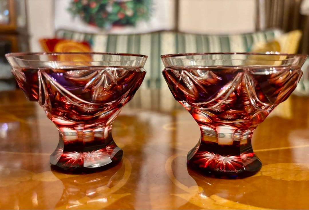 薩摩切子　脚付杯　2客セット