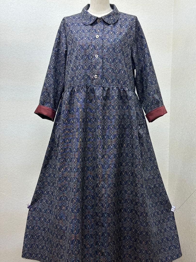 着物リメイク　紬ワンピース　前ボタン　 Lサイズ