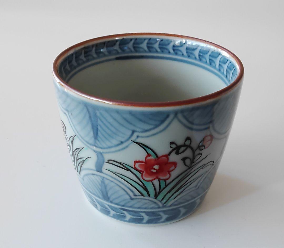 四方割アヤメ小花　そば猪口　手描　手造　六代佐藤走波　有田焼　未使用