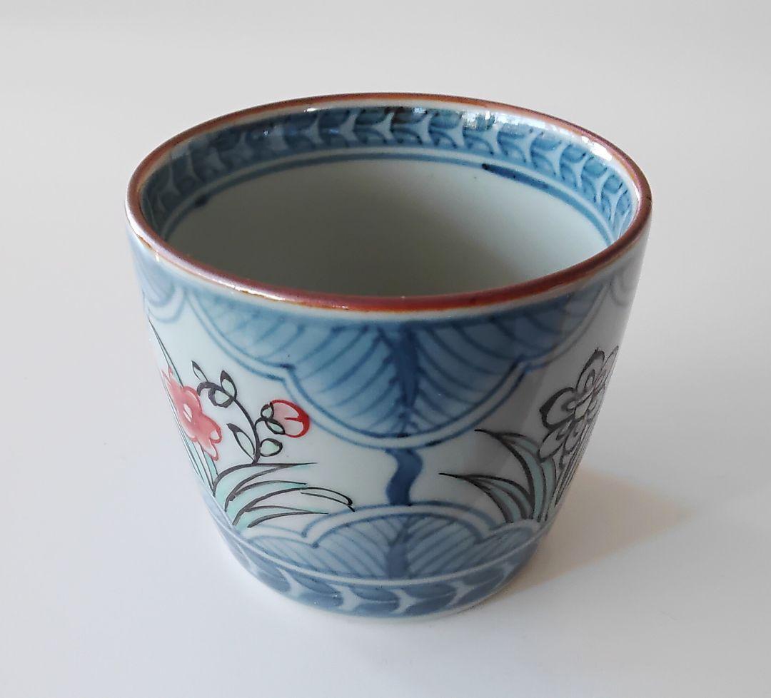 四方割アヤメ小花　そば猪口　手描　手造　六代佐藤走波　有田焼　未使用