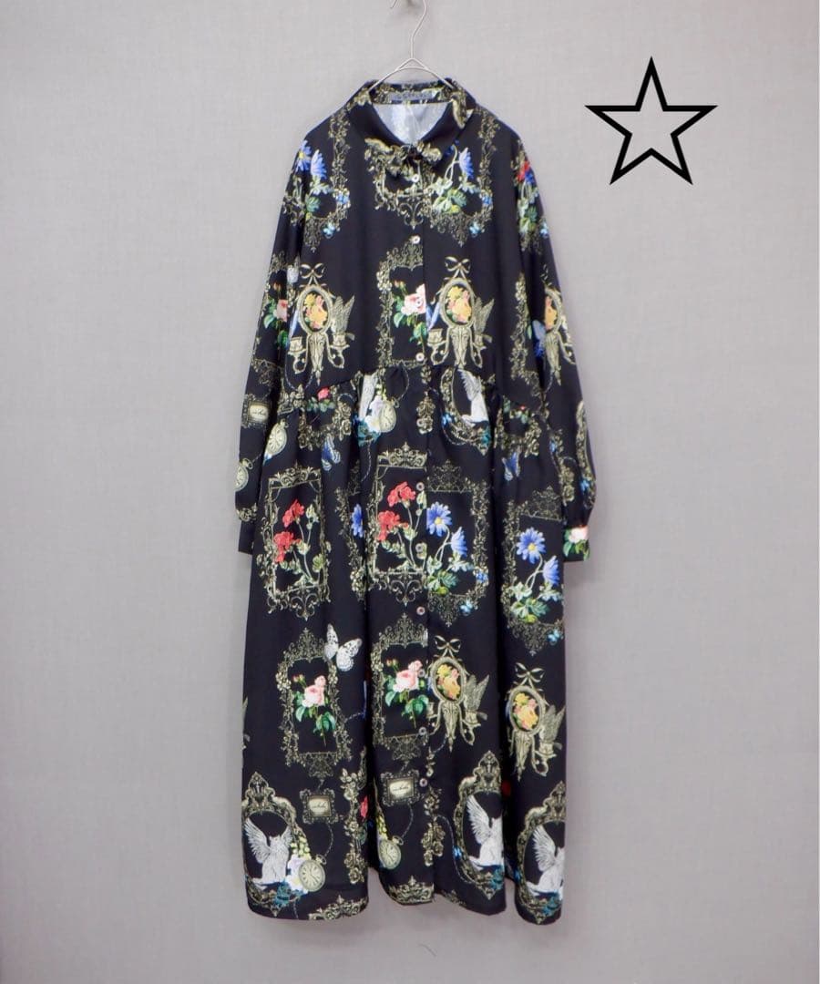 ☆新品タグ付 イズスカラー　553282：ヴィンテージ風額縁柄シャツワンピース