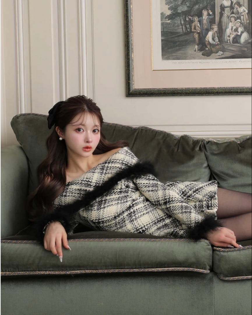 M me eme オフショルダーロービングチェックミニワンピース