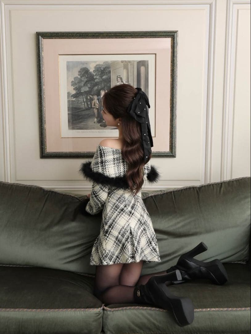 M me eme オフショルダーロービングチェックミニワンピース