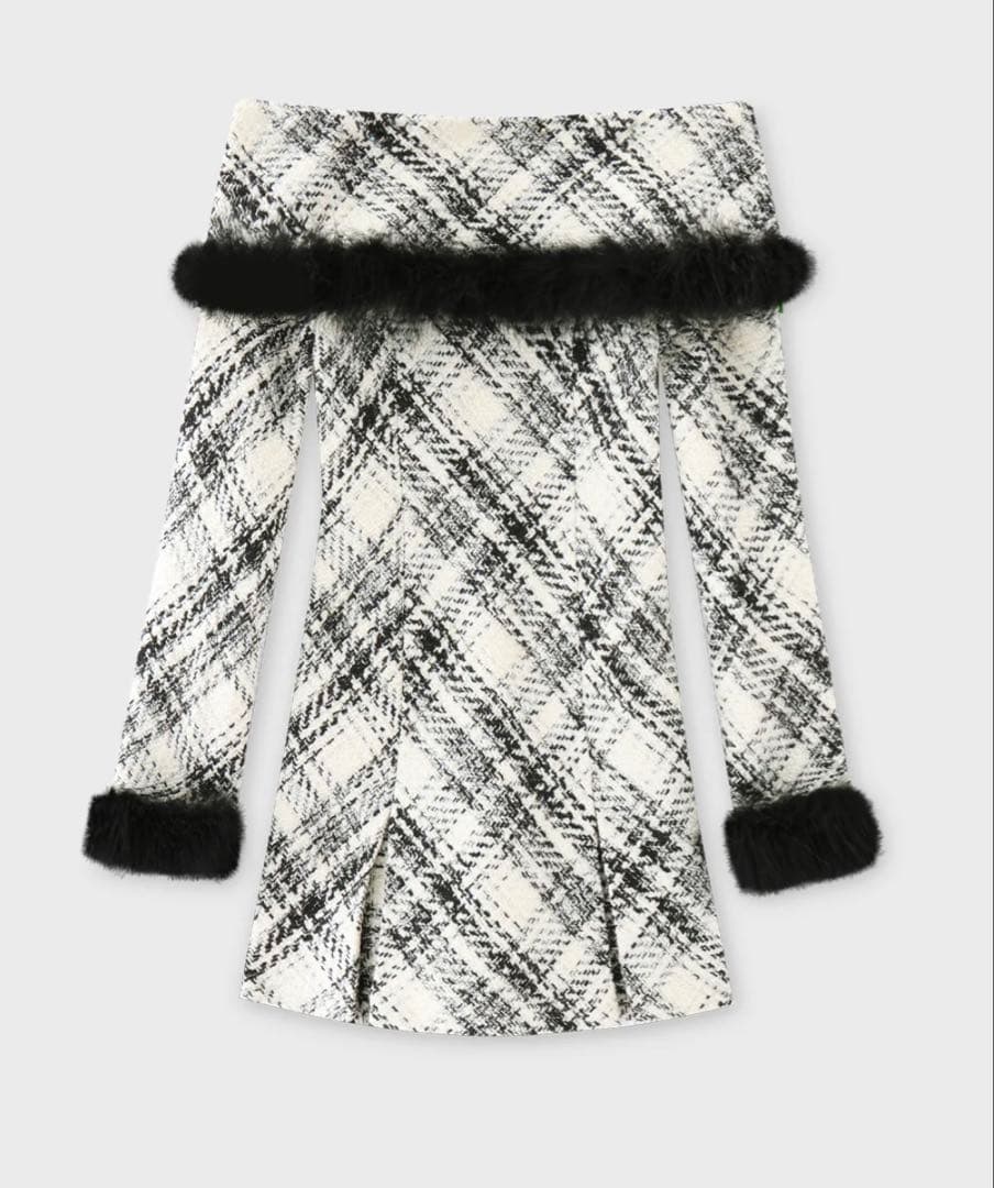 M me eme オフショルダーロービングチェックミニワンピース