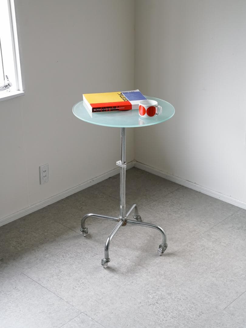 ヴィンテージ アイアン 昇降式ガラステーブル　ミッドセンチュリー モダン