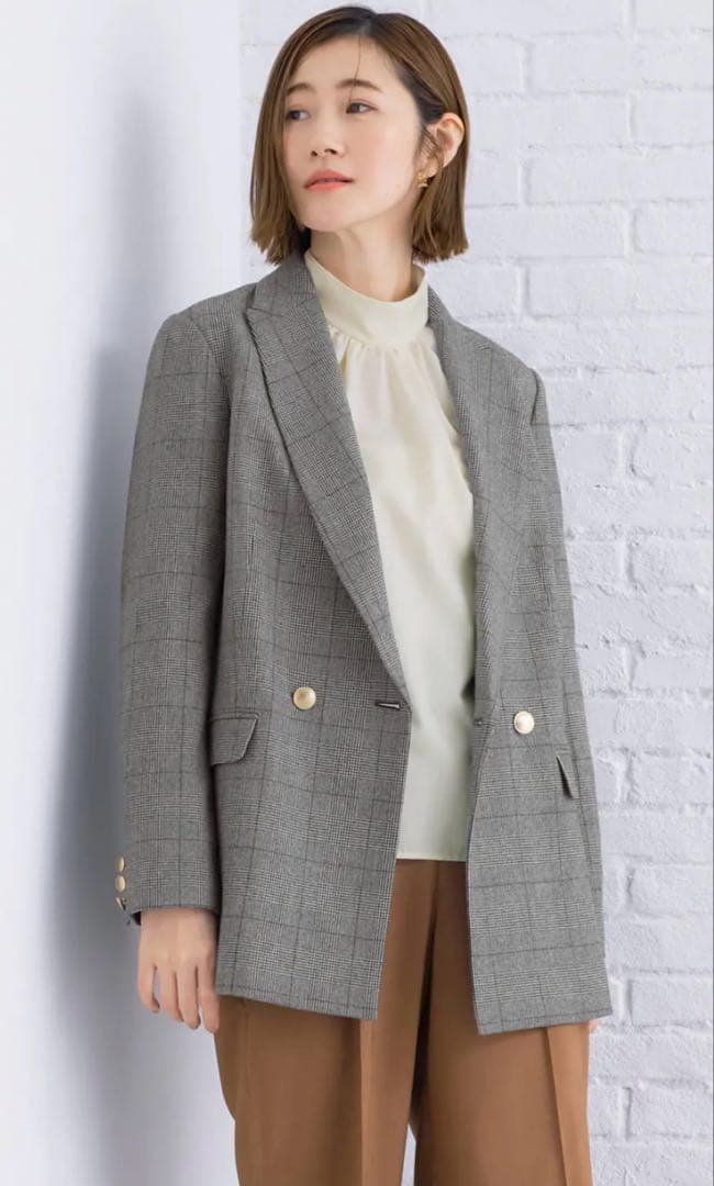グレー チェック柄 ダブルブレストジャケット　青山