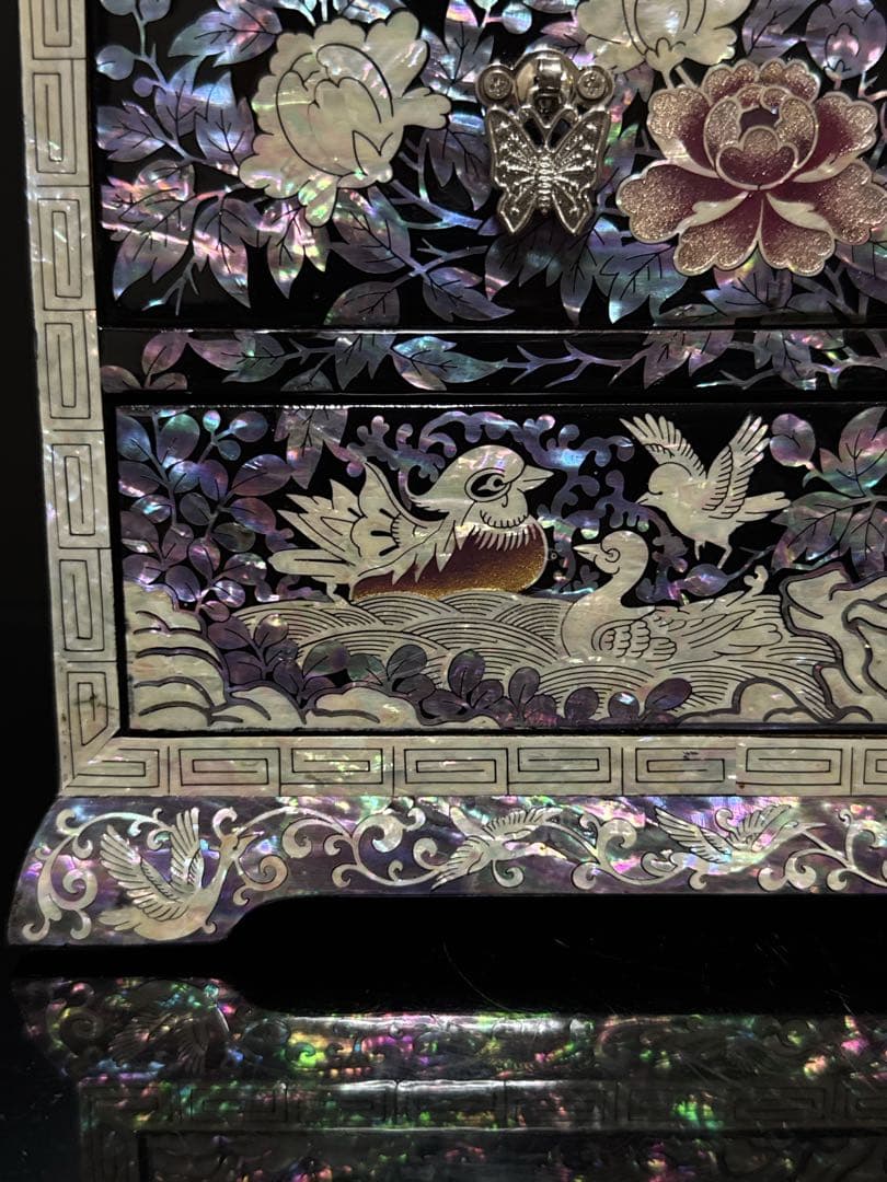 極上 成官鎬印 細密彫刻 螺鈿 華鳥図 宝石箱 小箱 ジュエリーボックス