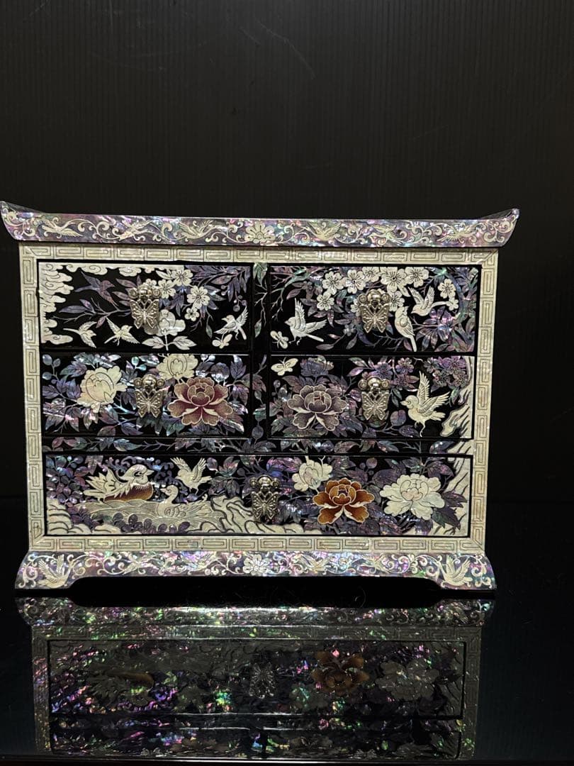 極上 成官鎬印 細密彫刻 螺鈿 華鳥図 宝石箱 小箱 ジュエリーボックス