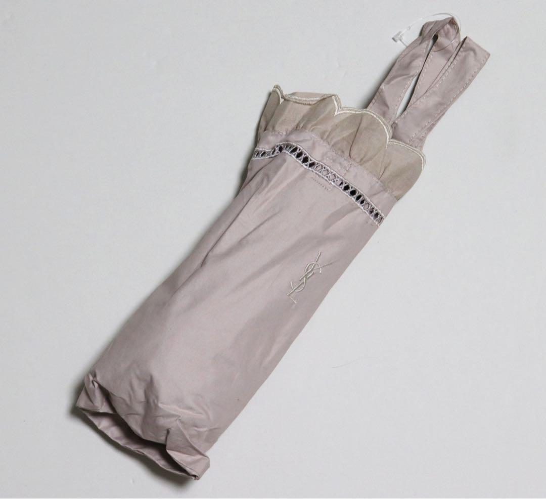 《イヴ・サンローラン》新品 遮光・遮熱機能 上品フリル刺繍 晴雨兼用折りたたみ傘