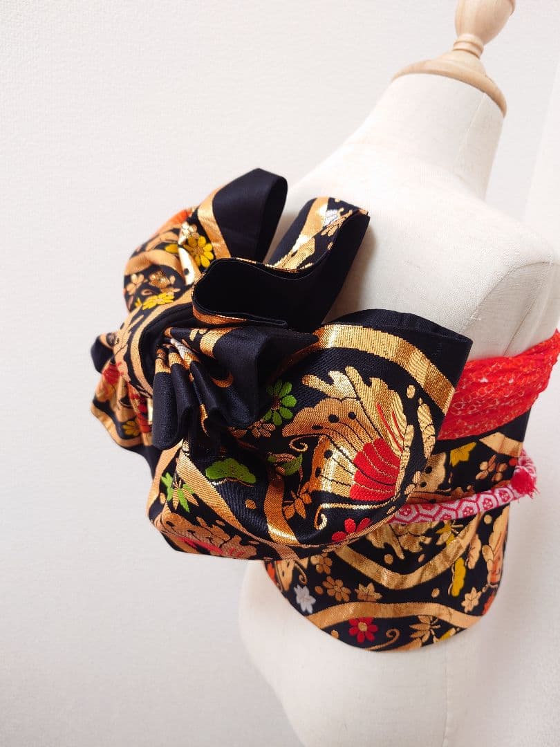 正絹　七五三　ハーフ成人式　作り帯　1点物　黒系　蝶柄　ハンドメイド