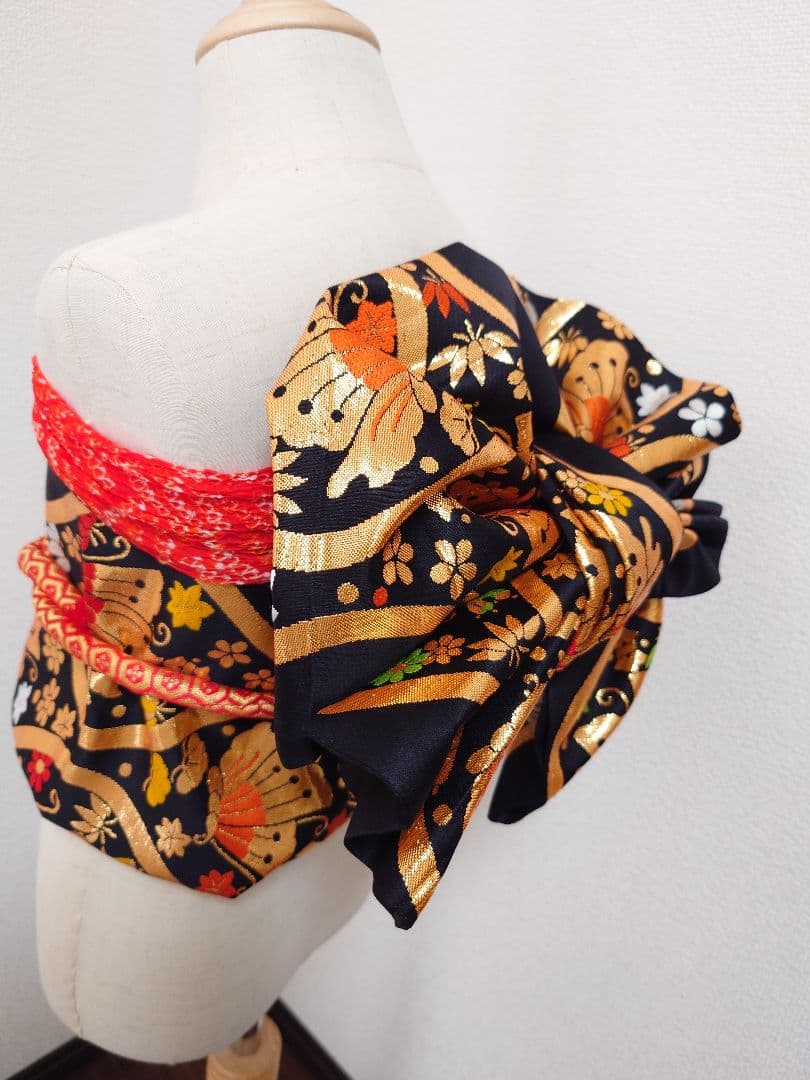 正絹　七五三　ハーフ成人式　作り帯　1点物　黒系　蝶柄　ハンドメイド