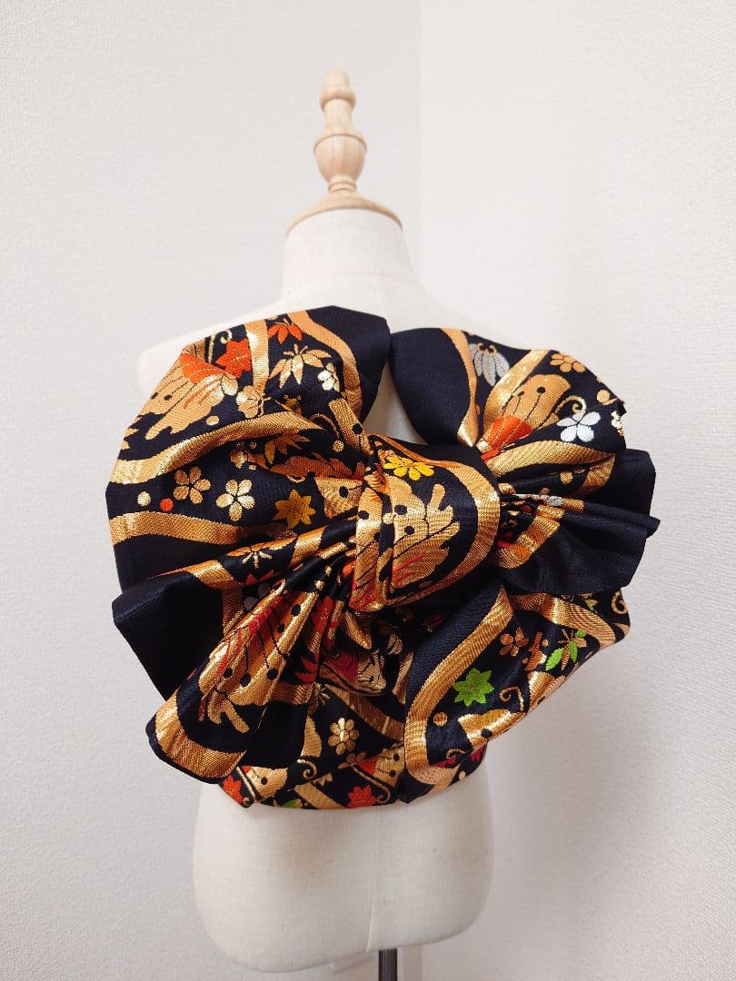 正絹　七五三　ハーフ成人式　作り帯　1点物　黒系　蝶柄　ハンドメイド