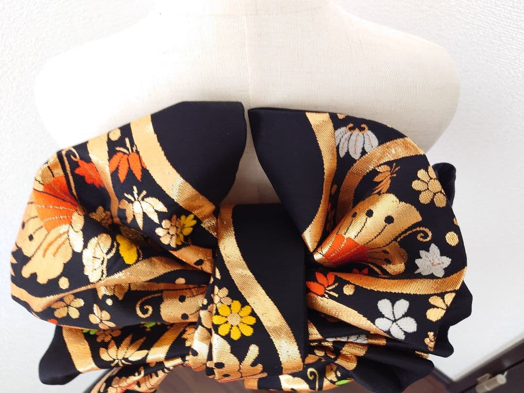 正絹　七五三　ハーフ成人式　作り帯　1点物　黒系　蝶柄　ハンドメイド