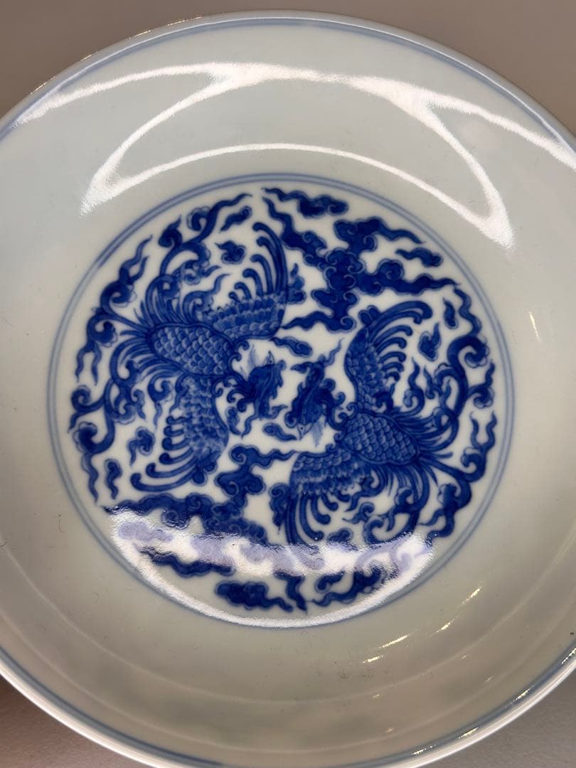 清代 大清雍正年製 底款 青花染付 対頭鳳文 皿 雲紋 骨董品