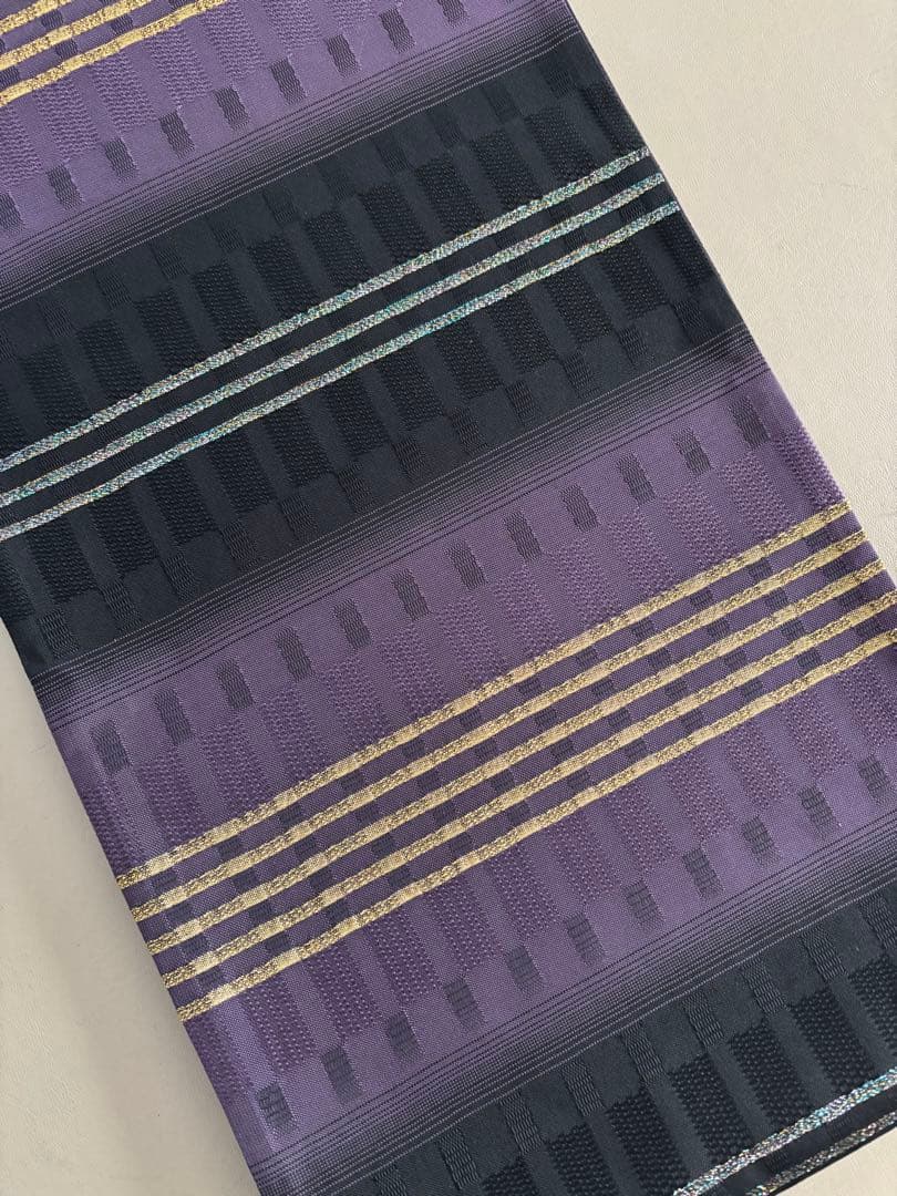 帯締めプレゼント/絹＋金属糸 吉野間道 黒×紫 袋帯 未使用同等 ガード加工