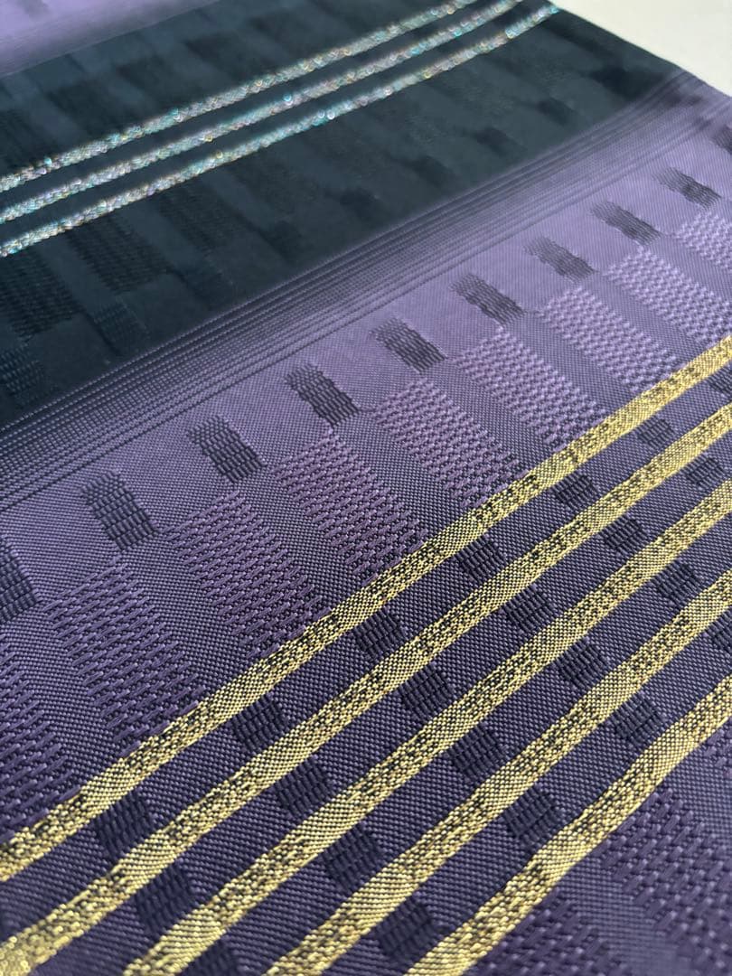帯締めプレゼント/絹＋金属糸 吉野間道 黒×紫 袋帯 未使用同等 ガード加工