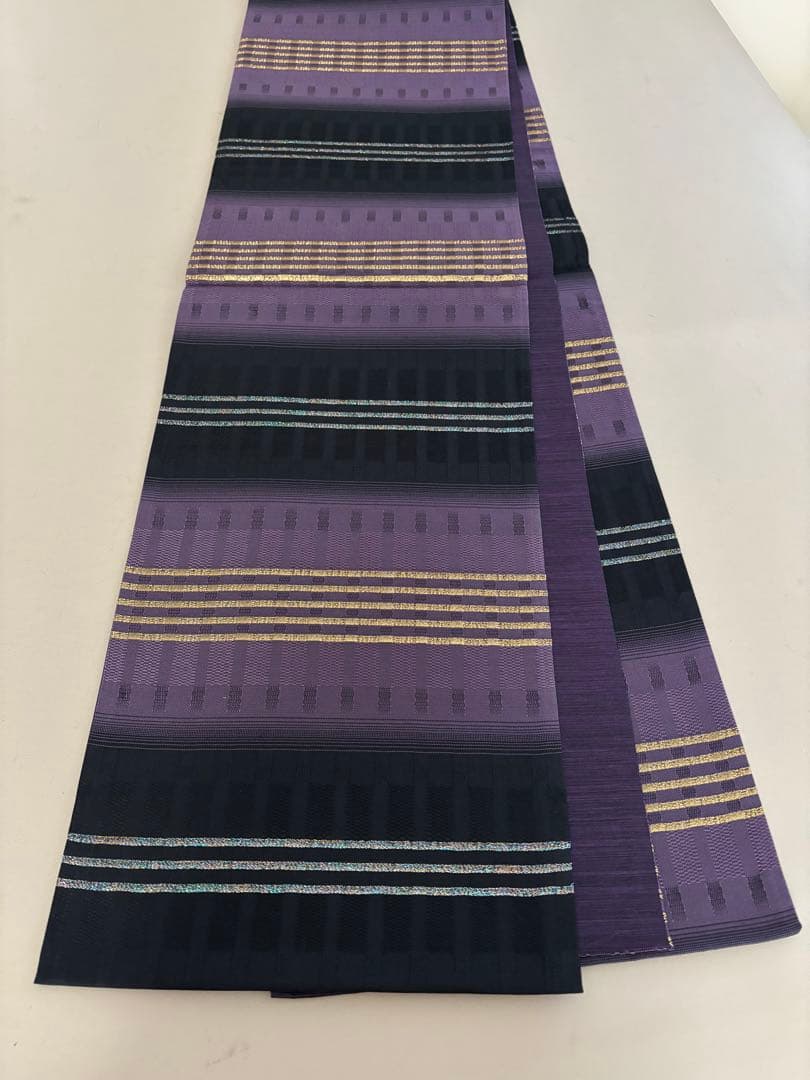 帯締めプレゼント/絹＋金属糸 吉野間道 黒×紫 袋帯 未使用同等 ガード加工