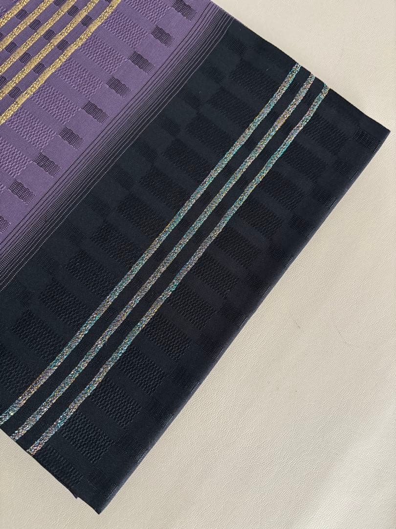 帯締めプレゼント/絹＋金属糸 吉野間道 黒×紫 袋帯 未使用同等 ガード加工