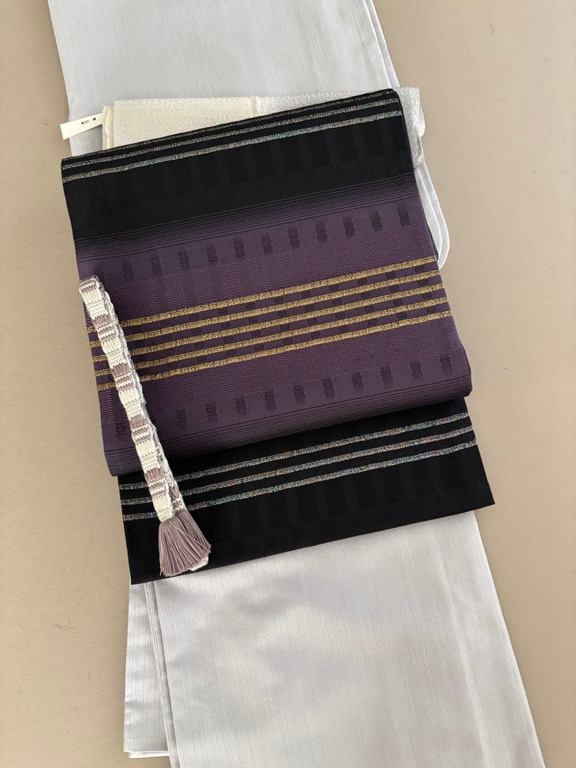 帯締めプレゼント/絹＋金属糸 吉野間道 黒×紫 袋帯 未使用同等 ガード加工