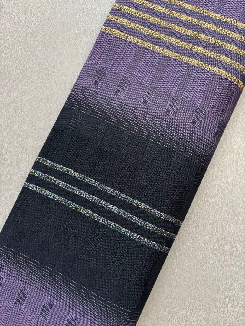帯締めプレゼント/絹＋金属糸 吉野間道 黒×紫 袋帯 未使用同等 ガード加工