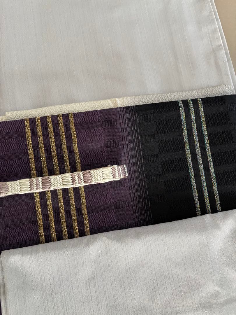 帯締めプレゼント/絹＋金属糸 吉野間道 黒×紫 袋帯 未使用同等 ガード加工