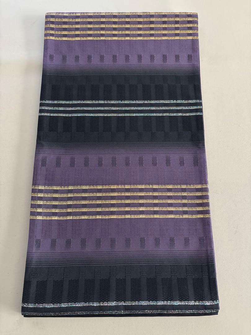 帯締めプレゼント/絹＋金属糸 吉野間道 黒×紫 袋帯 未使用同等 ガード加工
