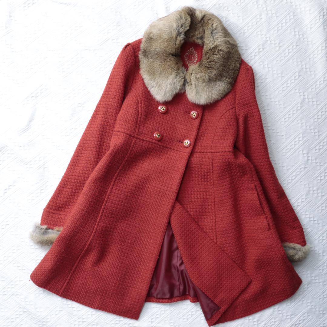 オンワード　高級ツイードジャケット　コート　ラビットリアルファー　ダブルボタン