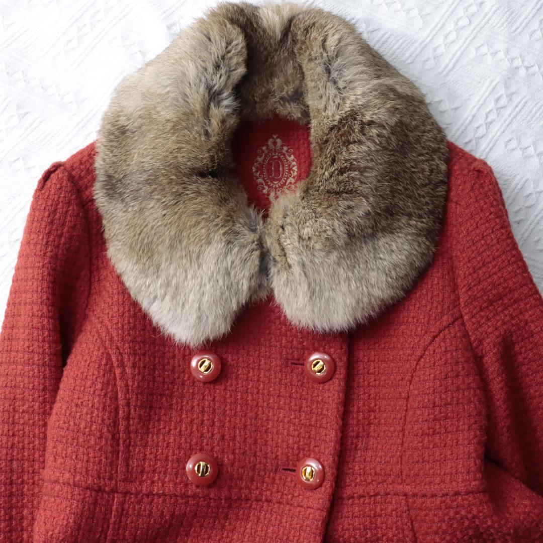 オンワード　高級ツイードジャケット　コート　ラビットリアルファー　ダブルボタン