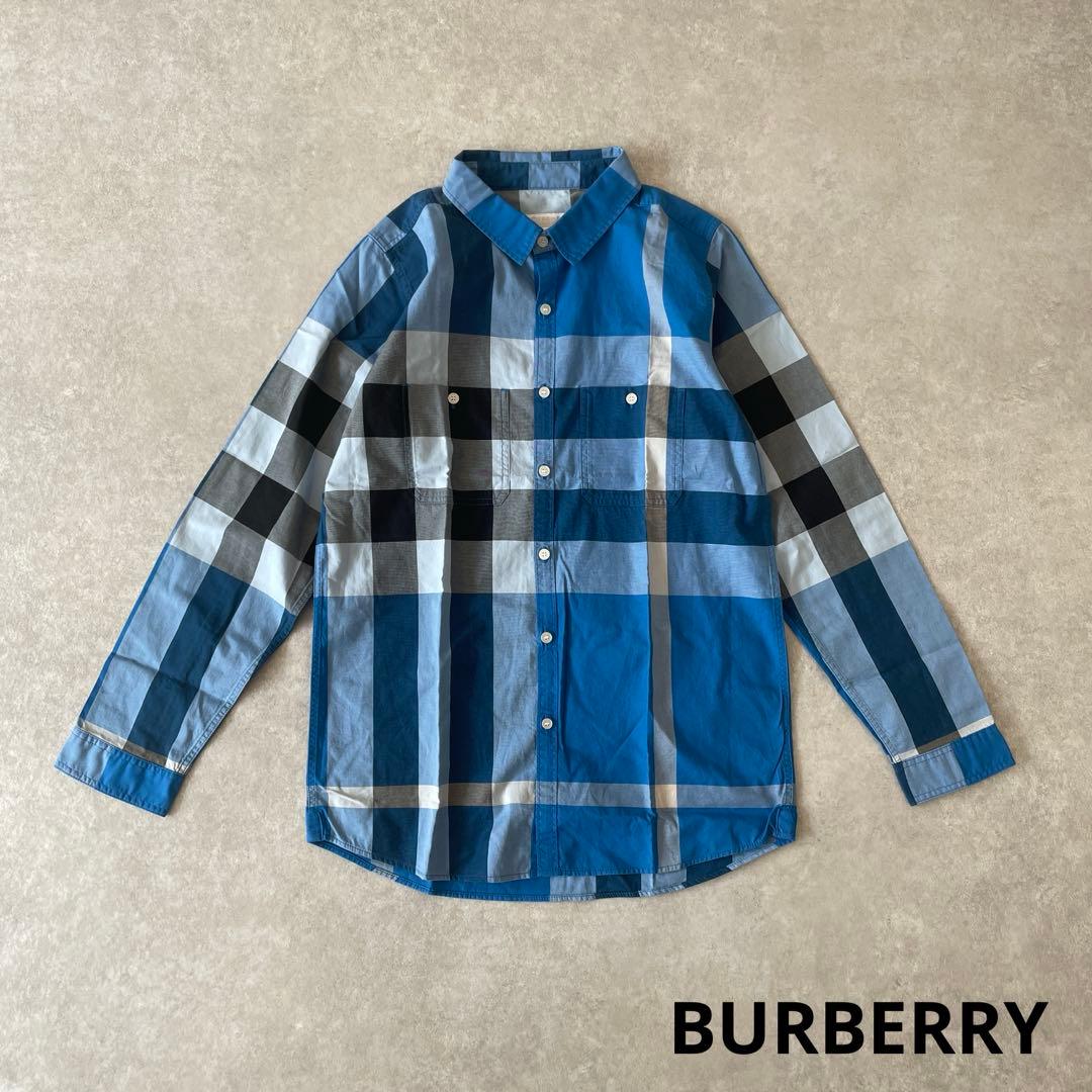 極美品BURBERRY children 14Y 164cm チェックシャツ青