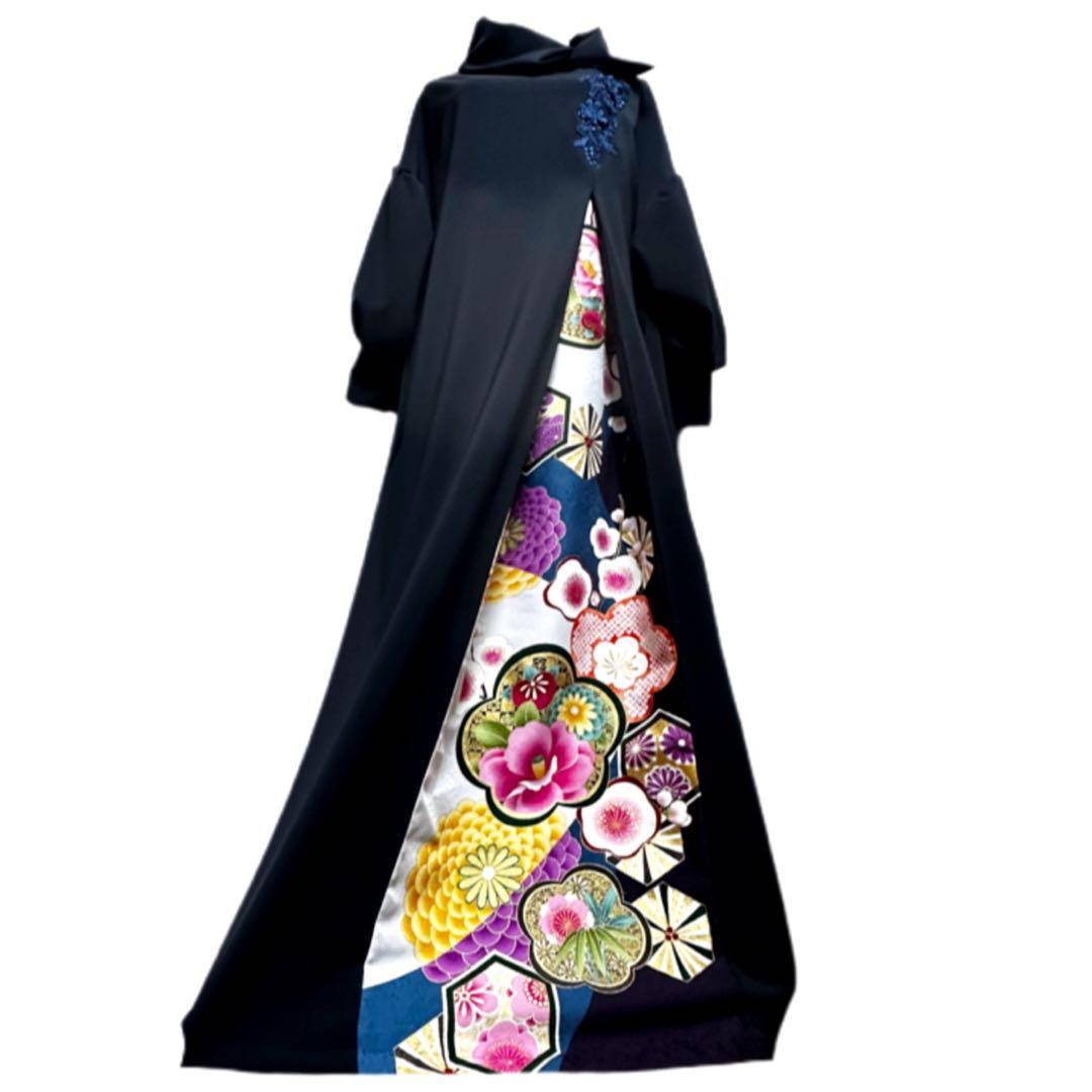 振袖　着物リメイク　ドレス　濃紺×金彩梅や菊　和柄　ワンピース　ハンドメイド