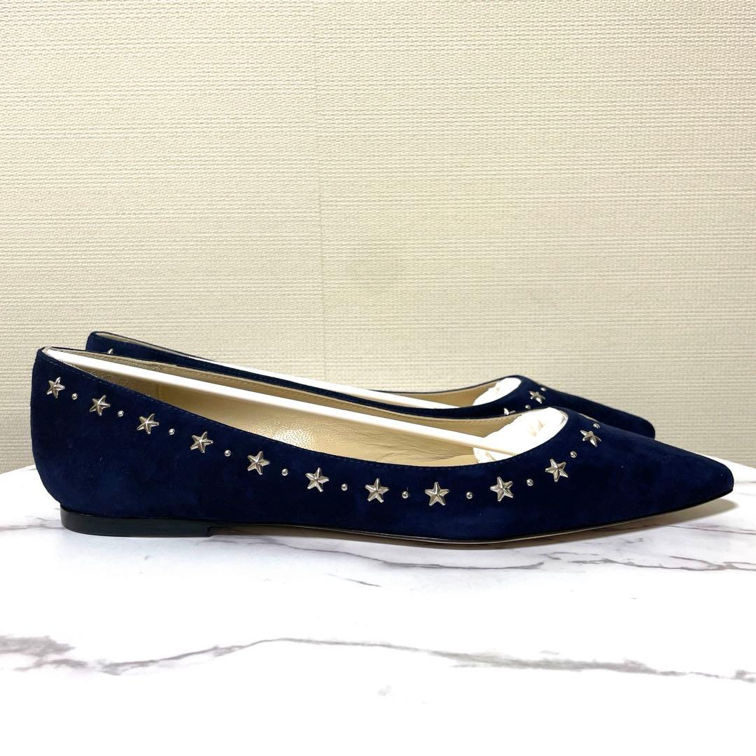 新品　JIMMY CHOO 38.5 ALINA ネイビー 星スタッズ　フラット