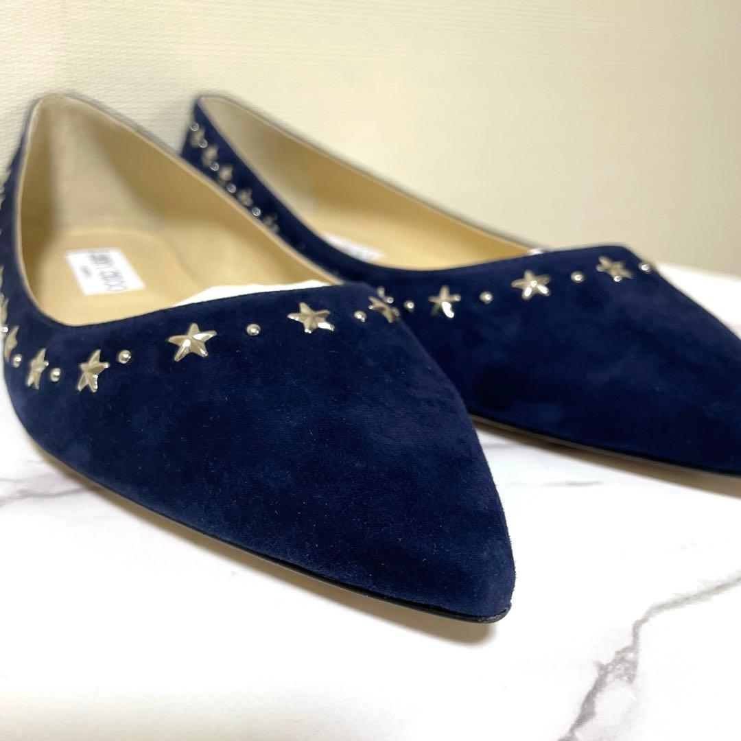 新品　JIMMY CHOO 38.5 ALINA ネイビー 星スタッズ　フラット